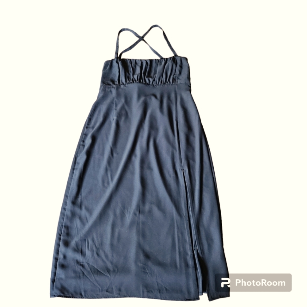 NWT Abercrombie & Fitch Ruched Midi Black Dress with Slit, Size Large